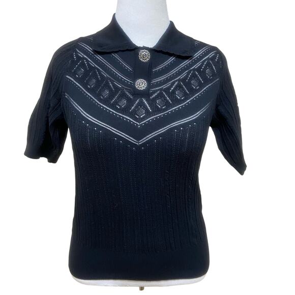 Karl Lagerfeld Women's Medium, Fitted, Rib Knit Collard Top With Button Accents - Picture 1 of 10